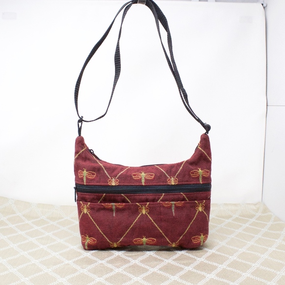Handbags - Red Maroon Dragonfly Bee Purse Handbag Embroidered